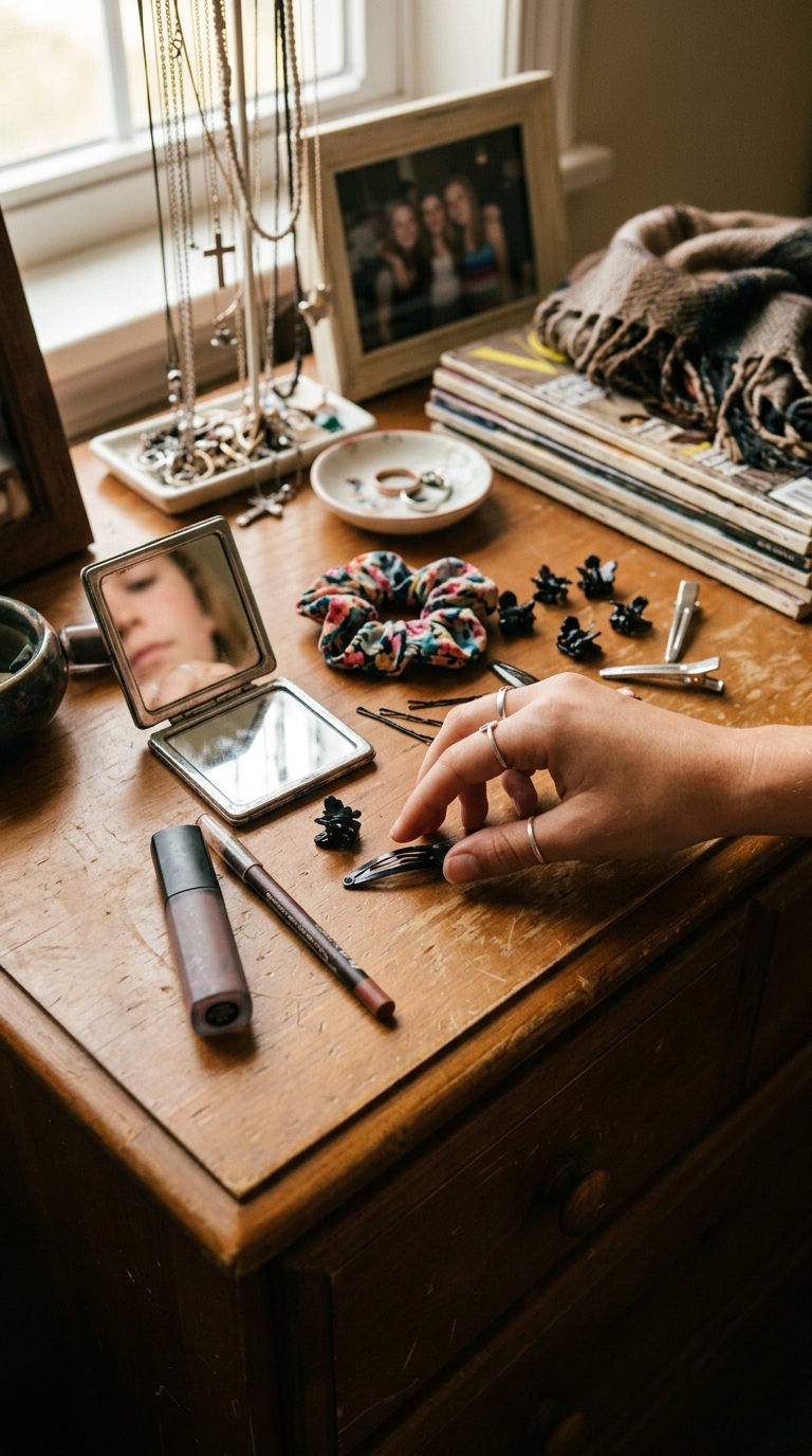 A cluttered bedroom dresser with a matte liquid lip kit, lip liner, compact mirror, hair clips and a scrunchie in window light