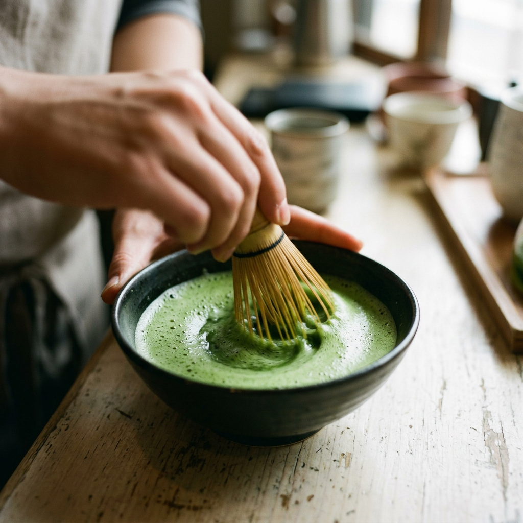 Close-up of vivid green matcha being whisked with a bamboo whisk on a cafe counter